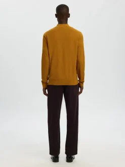 Selected miesten neulepusero SLHCRAN LS Knit Structure Half Zip Polo, Golden Brown