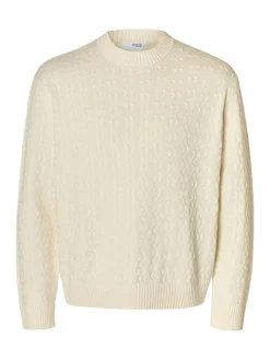 Selected miesten neulepusero, K PHILIP LS KNIT RELAXED CREW NECK Egret