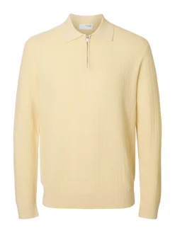 Selected miesten neulepusero SLHCRAN LS Knit Structure Half Zip Polo, Angora