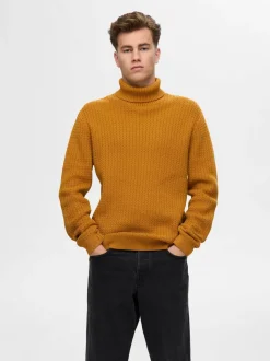 Selected Miesten Neulepusero, ZIG LS KNIT STRUCTURE ROLLNECK Oranssi