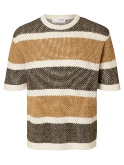 Selected miesten paita, GINGER SS KNIT RELAXED STRIPE Raidallinen Ruskea