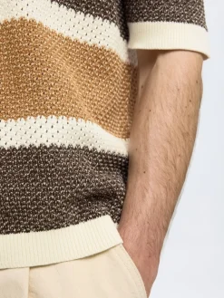 Selected miesten paita, GINGER SS KNIT RELAXED STRIPE Raidallinen Ruskea