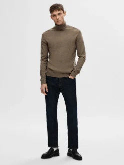 Selected Miesten Pooloneule Berg Roll Neck NOOS, Teak Melange