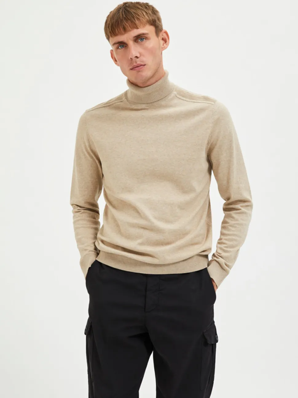 Selected, Miesten Pooloneule, Berg Roll Neck Vaalea Beige