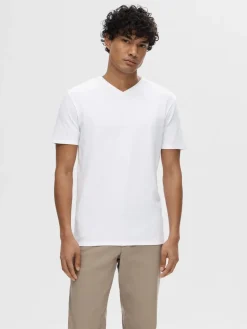 Selected Miesten T-paita, Pima Ss V-neck Bright White