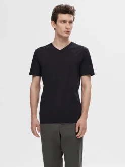 Selected Miesten T-paita, Pima Ss V-neck Black