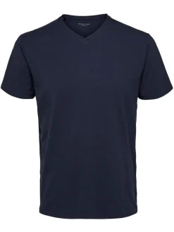 Selected Miesten T-paita, Pima Ss V-neck Tummansininen
