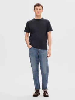 Selected miesten t-paita, SANDER SEERSUCKER SS O-NECK Tummansininen