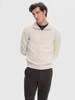 Selected neule, AXEL LS KNIT HALF ZIP Egret
