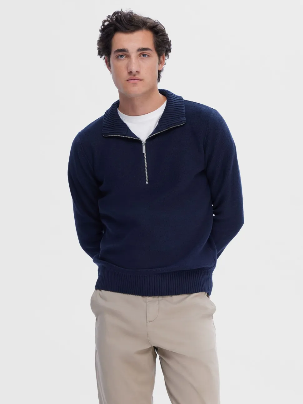Selected neule, AXEL LS KNIT HALF ZIP Tummansininen