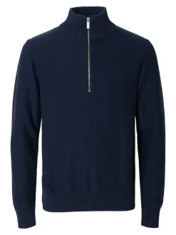 Selected neule, AXEL LS KNIT HALF ZIP Tummansininen