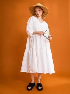 Sinnuu Naisten Mekko SINNUU LINEN DRESS 3/4 FRILL Valkoinen