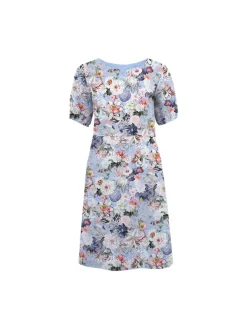 S.T.I naisten pellavamekko, CARENNA PRINT LINEN DRESS Sininen Kuosi