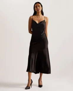 Ted Baker Naisten Mekko, TUNCA Satin Cowl Neck Evening Midi Dress Musta