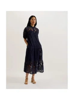 Ted Baker Naisten Mekko, XATIVA laced midi Shirt Dress With Puff Tummansininen