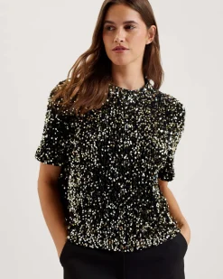 Ted Baker Naisten Pusero, ZARHAA BOXY VELVET SEQUIN TEE Musta