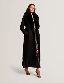Ted Baker naisten takki MUSEA FAUX FUR BELTED LONG COAT, musta