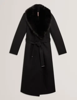 Ted Baker naisten takki MUSEA FAUX FUR BELTED LONG COAT, musta