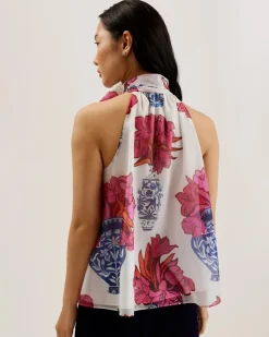 Ted Baker Naisten Toppi, AKAKI Organza printed Tie Neck Top Valkopohjainen Kuosi