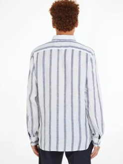 Tommy Hilfiger Miesten Kauluspaita, LINEN TRIPLE STRIPE SHIRT Raidallinen Sininen