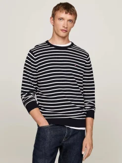 Tommy Hilfiger Miesten Neulepusero, ESSENTIAL COTTON CREW NECK Raidallinen Sininen