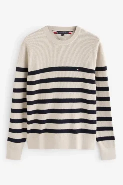 Tommy Hilfiger Miesten Neulepusero, STRUCTURE CREW Raidallinen Valkoinen