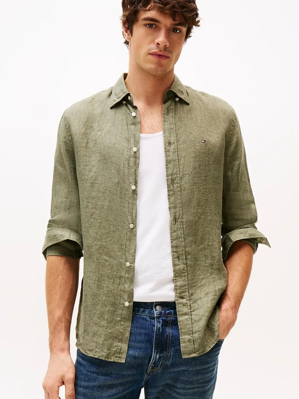 Tommy Hilfiger miesten pellavapaita, PIGMENT DYED LINEN SOLID Tummanvihreä