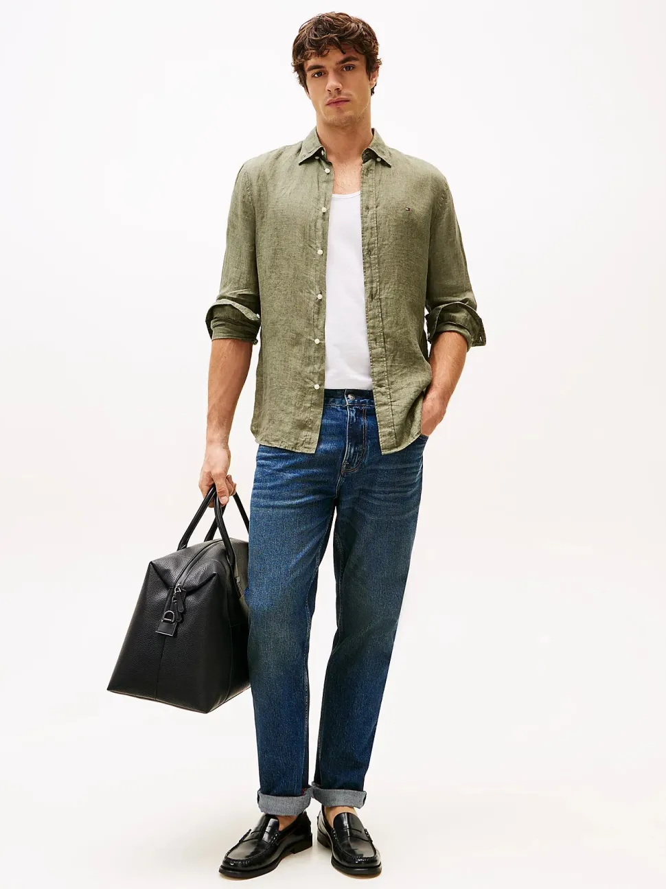 Tommy Hilfiger miesten pellavapaita, PIGMENT DYED LINEN SOLID Tummanvihreä