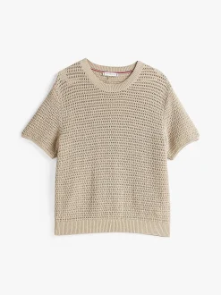 Tommy Hilfiger naisten lyhythihainen neulepusero, POINTELLE CROCHET SS C NECK SWEAT Vaalea Beige