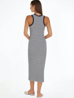 Tommy Hilfiger Naisten Maksimekko, SLIM 5X2 STR RIB MIDI DRESS Raidallinen Sininen