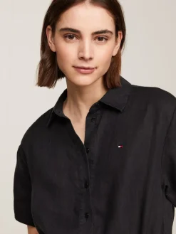 Tommy Hilfiger Naisten Mekko, LINEN SS MIDI SHIRT DRESS Musta