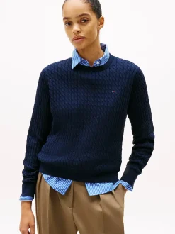Tommy Hilfiger naisten neulepusero, CO CABLE C-NK LS SWEATER Tummansininen