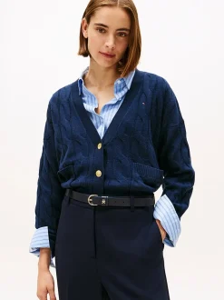 Tommy Hilfiger naisten neuletakki, SOFT WOOL CABLE V-NK LS CARDIGAN Tummansininen