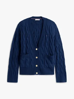 Tommy Hilfiger naisten neuletakki, SOFT WOOL CABLE V-NK LS CARDIGAN Tummansininen