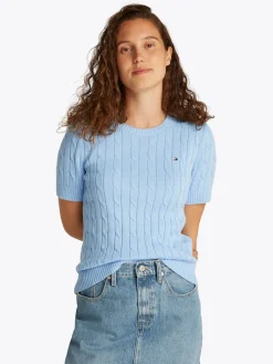 Tommy Hilfiger naisten neule, CO CABLE MID GG SS C-NK SWEAT Vaaleansininen