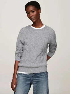 Tommy Hilfiger Naisten Neule, K-SOFT WOOL CABLE C-NK Vaaleanharmaa