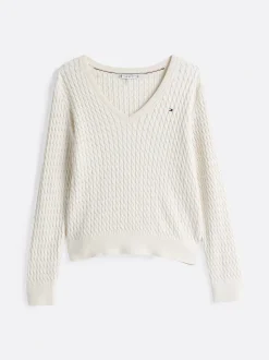 Tommy Hilfiger Naisten Neule, CO CABLE FINE GG V-NK LS SWEAT Luonnonvalkoinen