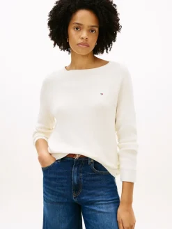 Tommy Hilfiger naisten neulepusero Cardi Fine GG LS Boat Neck Sweater, valkoinen