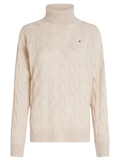 Tommy Hilfiger Naisten Neule, SOFT WOOL CABLE ROLL-NK SWEATER Luonnonvalkoinen