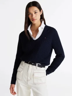 Tommy Hilfiger Naisten Neule, CO CABLE FINE GG V-NK LS SWEAT Tummansininen