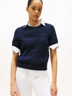 Tommy Hilfiger naisten neule, CO CABLE MID SS SWEATER Tummansininen