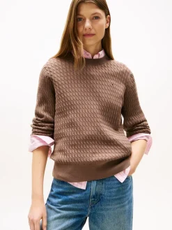 Tommy Hilfiger naisten neulepusero, CO CABLE C-NK LS SWEATER Tummanruskea