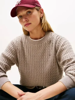 Tommy Hilfiger naisten neulepusero CO CABLE FINE GG C-NK LS SWEATER, vaalea beige