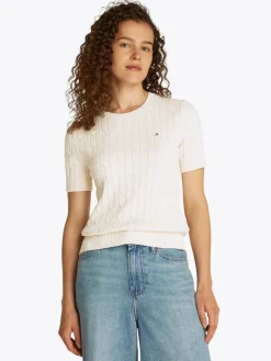 Tommy Hilfiger naisten neule, CO CABLE MID GG SS C-NK SWEAT Luonnonvalkoinen