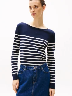 Tommy Hilfiger naisten neule, CO JERSEY STITCH LS BOATNECK SWEATER Raidallinen Sininen