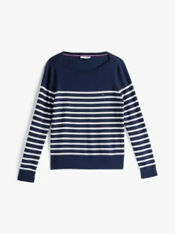 Tommy Hilfiger naisten neule, CO JERSEY STITCH LS BOATNECK SWEATER Raidallinen Sininen