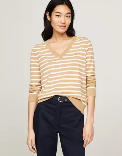 Tommy Hilfiger Naisten Paita, CO JERSEY STITCH V-NK SWEATER Raidallinen Beige