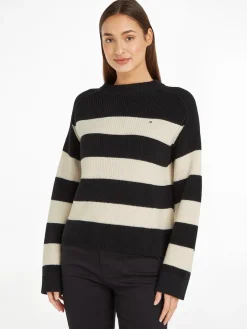 Tommy Hilfiger Naisten Raidallinen Neulepaita, CO CARDI STITCH C-NK SWT Mustavalkoinen