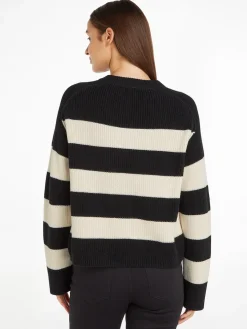 Tommy Hilfiger Naisten Raidallinen Neulepaita, CO CARDI STITCH C-NK SWT Mustavalkoinen