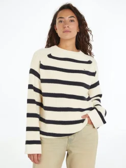 Tommy Hilfiger Naisten Raidallinen Neulepaita, CO CARDI STITCH C-NK SWT Raidallinen Valkoinen